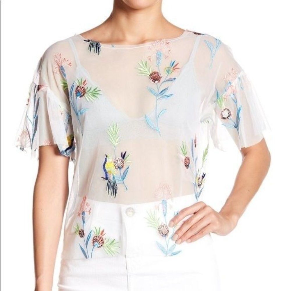 June & Hudson Embroidered Mesh Top Small Nwot